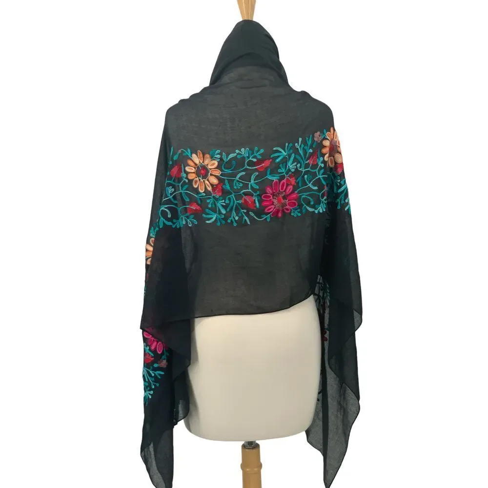 Women's Lightweight Black‎ Multi-Colored Floral Embroidered Scarf Wrap OS